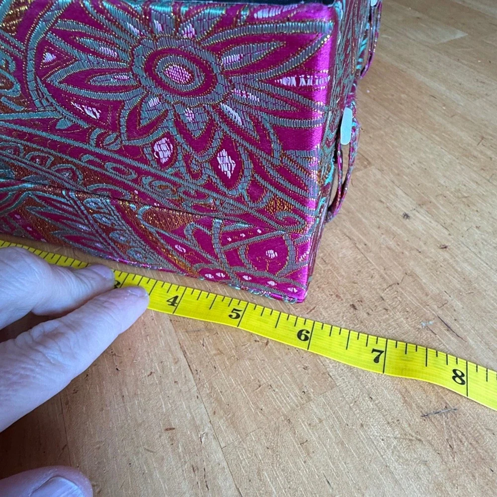 Vintage Style Pink Gold Silk Brocade Jewelry Box Paisley Floral Toggle Closure